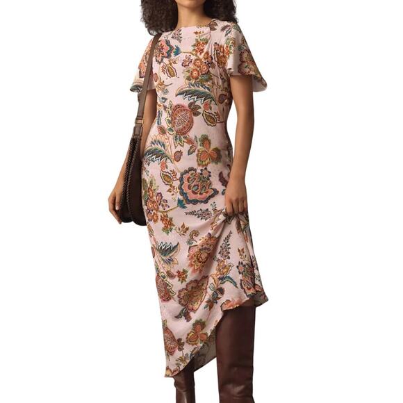 Kachel Anthropologie Pink Floral Flutter Sleeve Slip Dress Sz 6 N - Picture 1 of 10